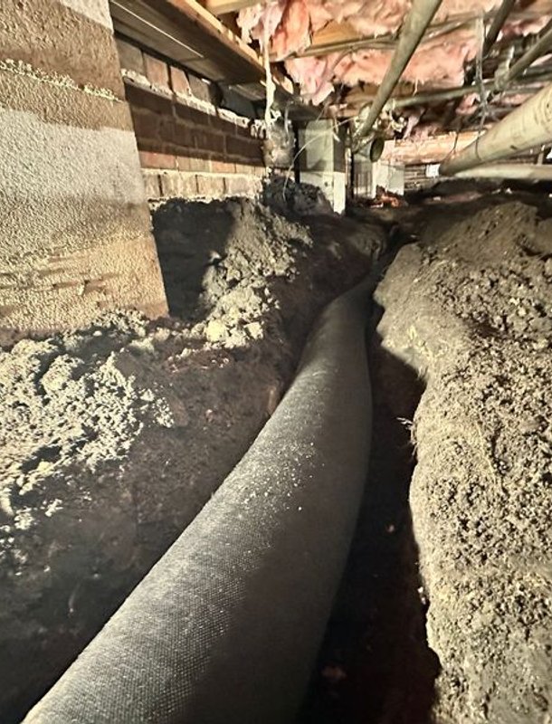Interior water management system in a crawl space